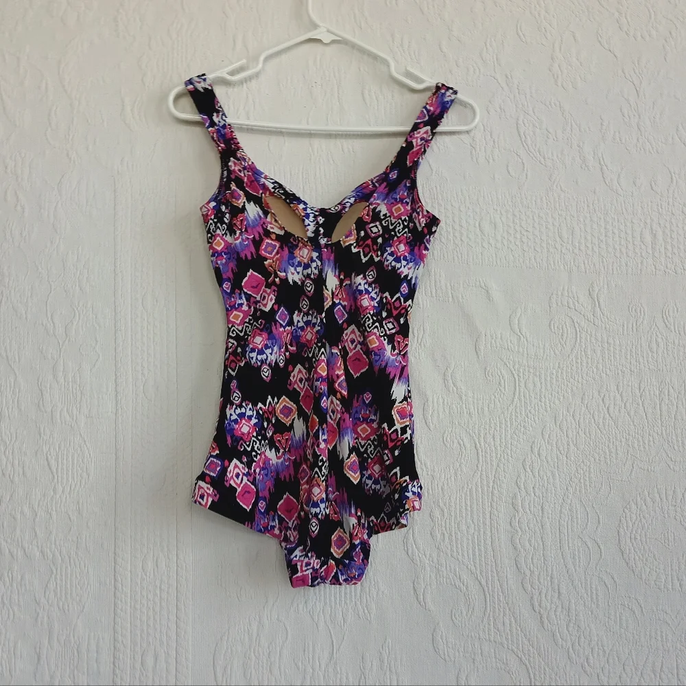 Maxine of Hollywood Purple Tribal Print Swimsuit Tummy Control Ruched Padded Cup - Picture 10 of 16